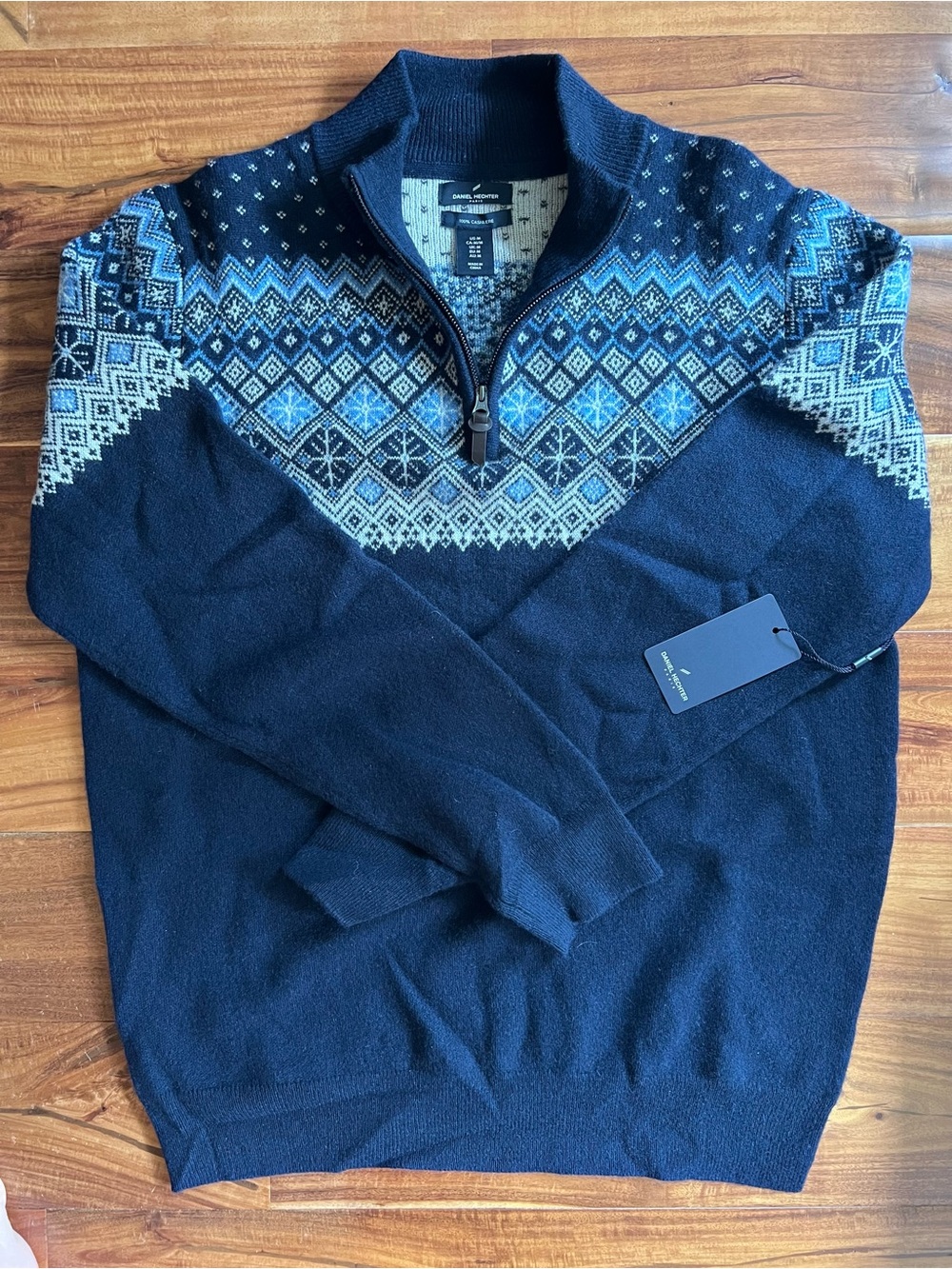 100% Cashmere Daniel Hechter Navy Fair Isle Half-Zip Sweater